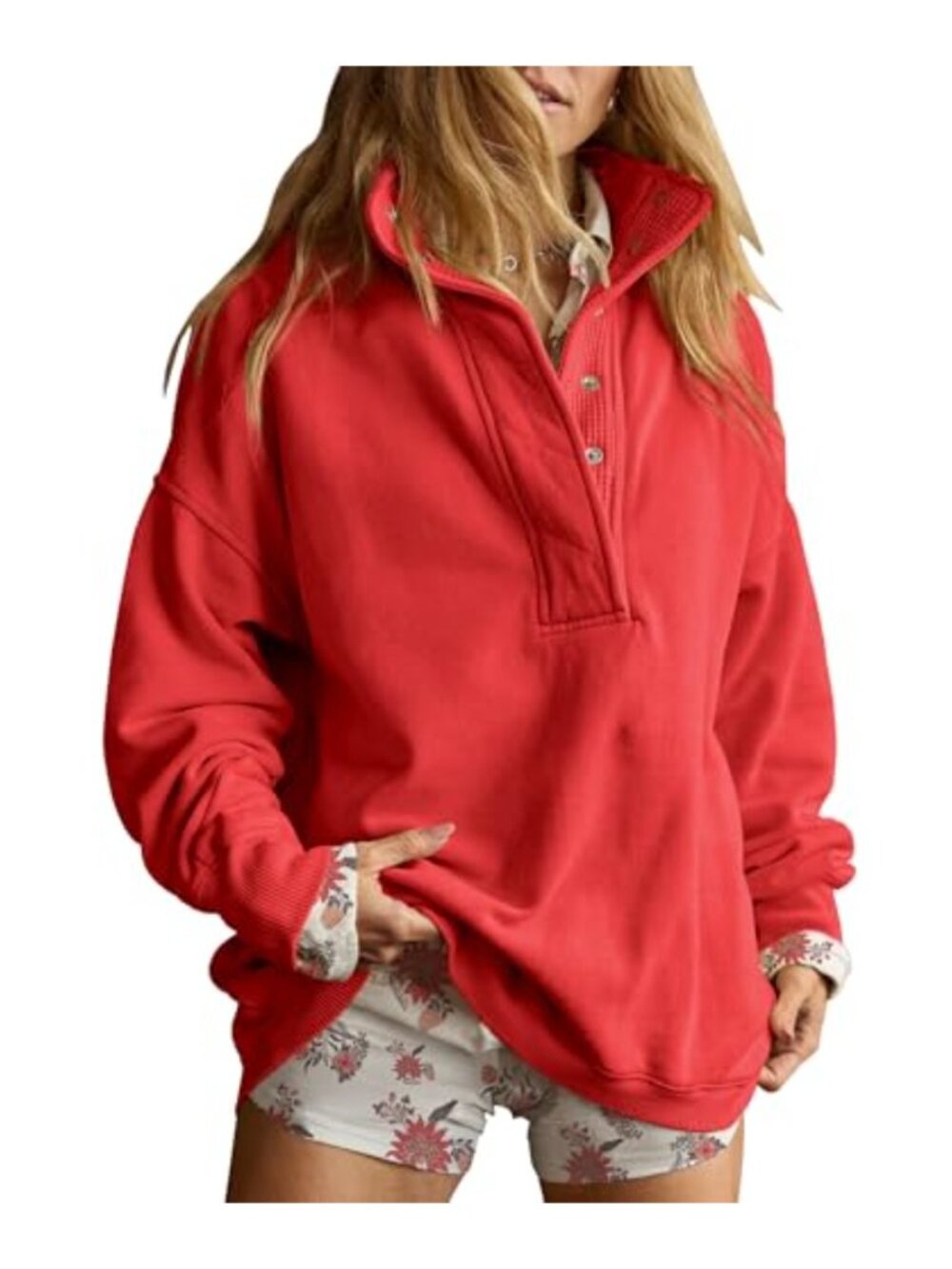 Oversized Henley Neck Sweatshirt Pullover Top Cotton Blend Long Sleeve